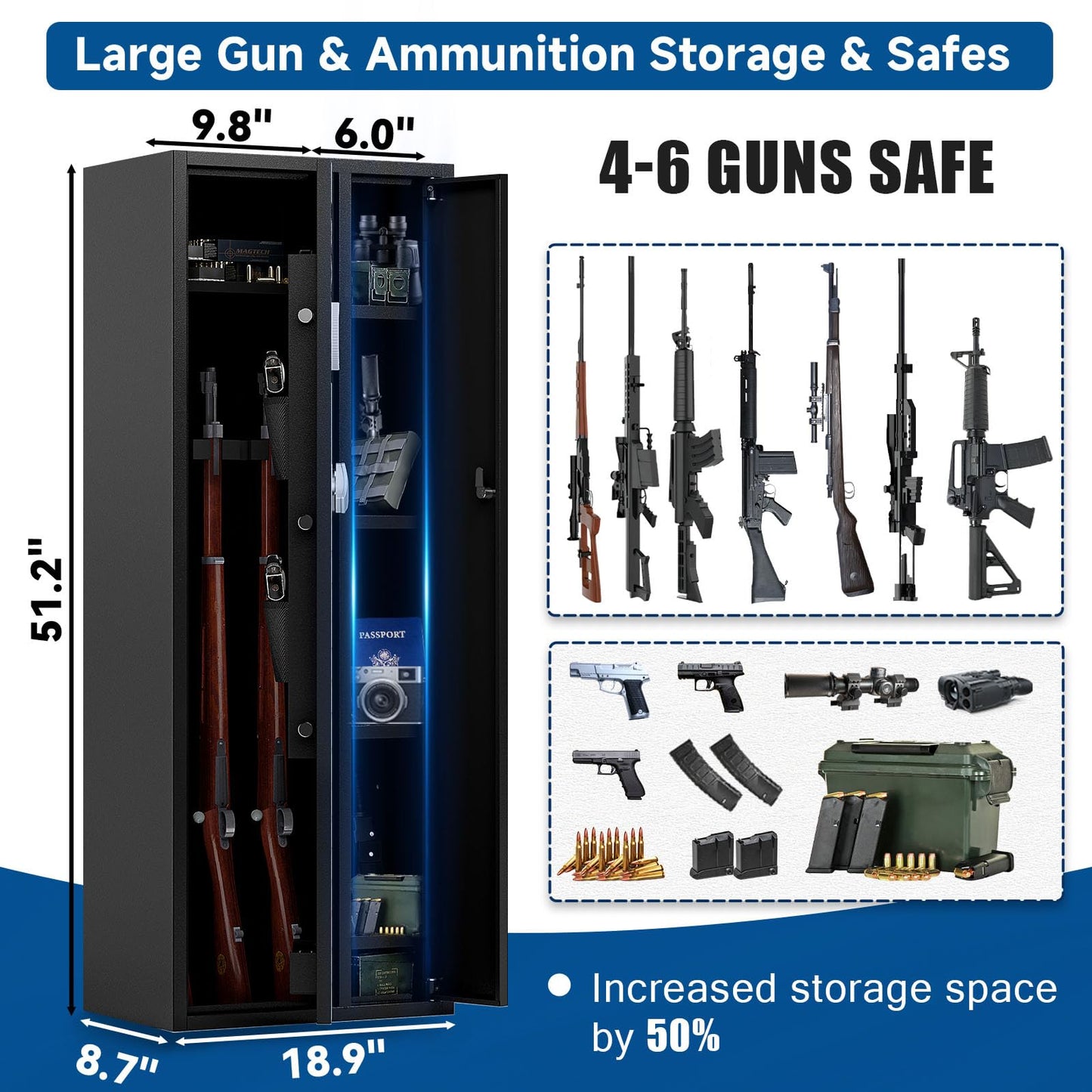 KAER 6 Gun Safe - Long Gun Safe for Rifles and Pistols Gun Safes for Home Larger Gun Safe Cabinet with Digital Keypad Removable Shelves Racks, Assembled