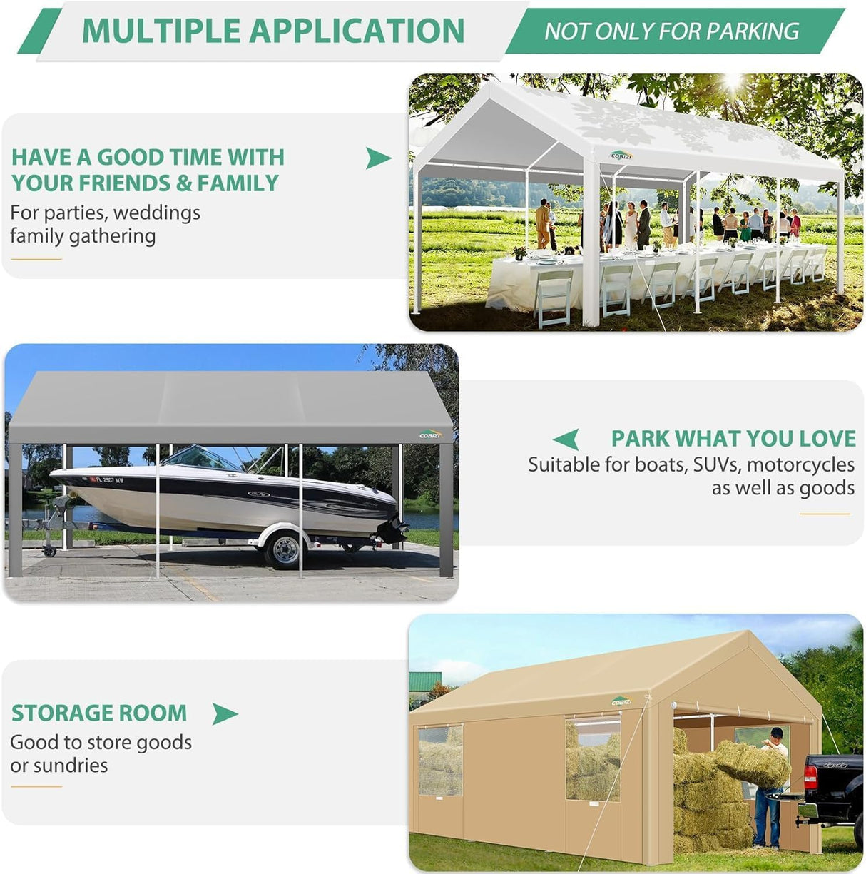 COBIZI Carport 10x20ft Heavy Duty Portable Garage, 2.0 Powder Coated Frame(Better Than Galvanized), Waterproof Shelter with Built-in Sandbags, for Car/Boat/SUV, White COBIZI