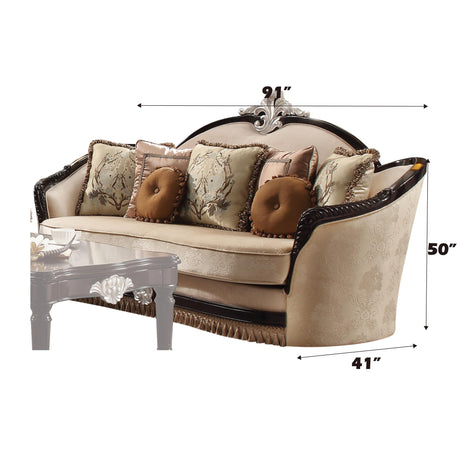 Acme Ernestine Sofa (with 7 Pillows) in Tan Fabric & Black Acme