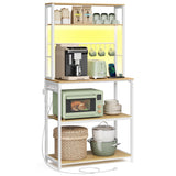 VASAGLE Coffee Bar with LED Lights, Kitchen Bakers Rack with Power Outlet, Microwave Stand with Adjustable Shelves, 8 Hooks, 15.7 x 31.5 x 65.7 Inches, Golden Oak and Matte White UKKS050Y01 VASAGLE