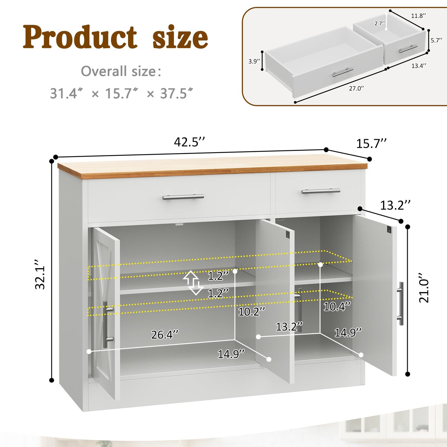 Vongrasig 43” Sideboard Buffet Cabinet with Storage, Farmhouse Coffee Bar with Drawers and Shelves, Wood Buffet Table for Kitchen, Dining Room, White