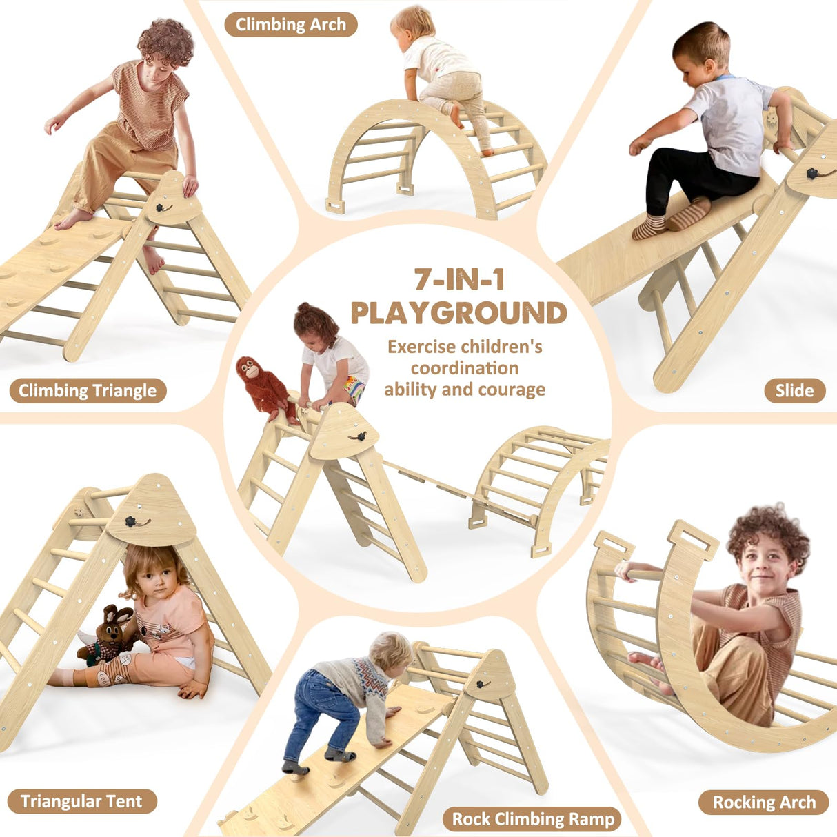 Granper Pikler Triangle Set 7-in-1, Foldable Toddler Climbing Toys Indoor, Wooden Montessori Climbing Set with Arch/Ramp/Ladder, Baby Climber Jungle Gyms for Toddlers and Kids (Burlywood) Granper