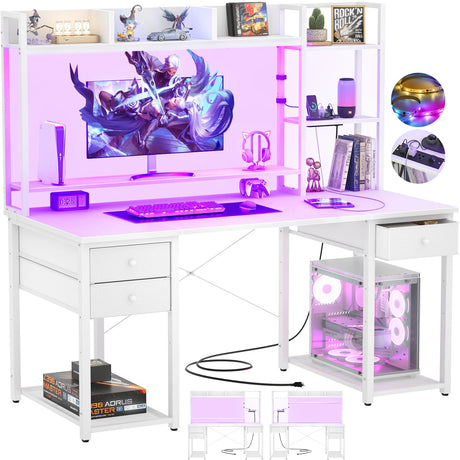 Aheaplus Desk with LED and Outlets, Gaming Desk with Hutch, 47.2'' Computer Desk with Drawers, Reversible Office Desk with Storage Bookshelf Large Workstation Desk with Shelf, Desk for Home, White Aheaplus