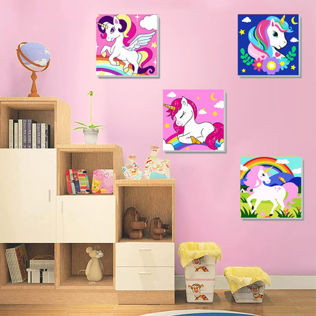 4 Pack Cartoon Paint by Number for Kids with Wooden Frame, Cartoon Paint by Numbers for Kids Ages 4-8-12, Easy Painting with Numbers DIY Acrylic Oil Painting Kits for Home Wall Decor (8X8 inch) xackcme