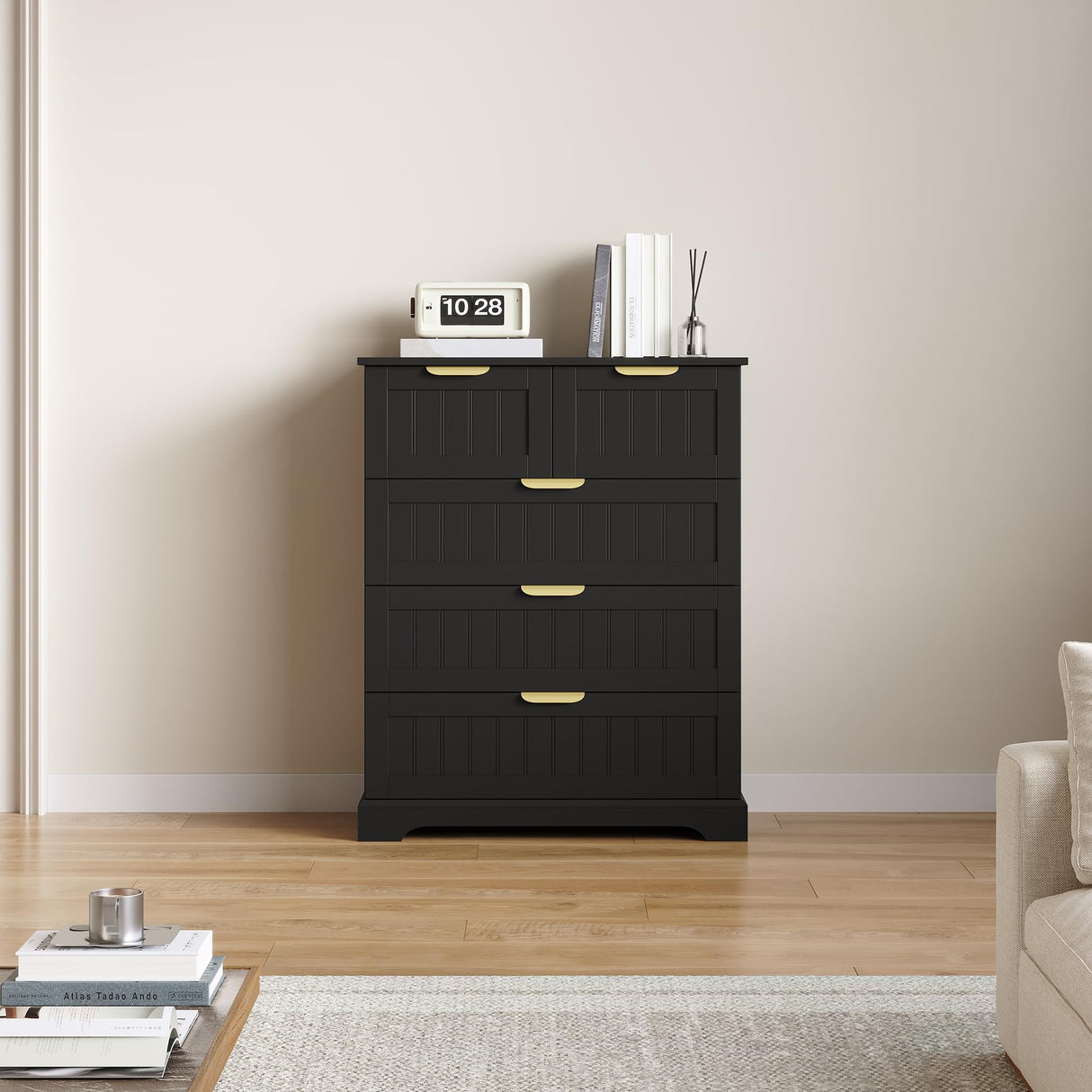 ELUREVIA 5 Wooden Drawer Dresser for Bedroom Storage, Modern Farmhouse Wood Chest of Drawers with Metal Handles, Wide Storage Cabinet for Closet, Living Room, or Entryway Black ELUREVIA