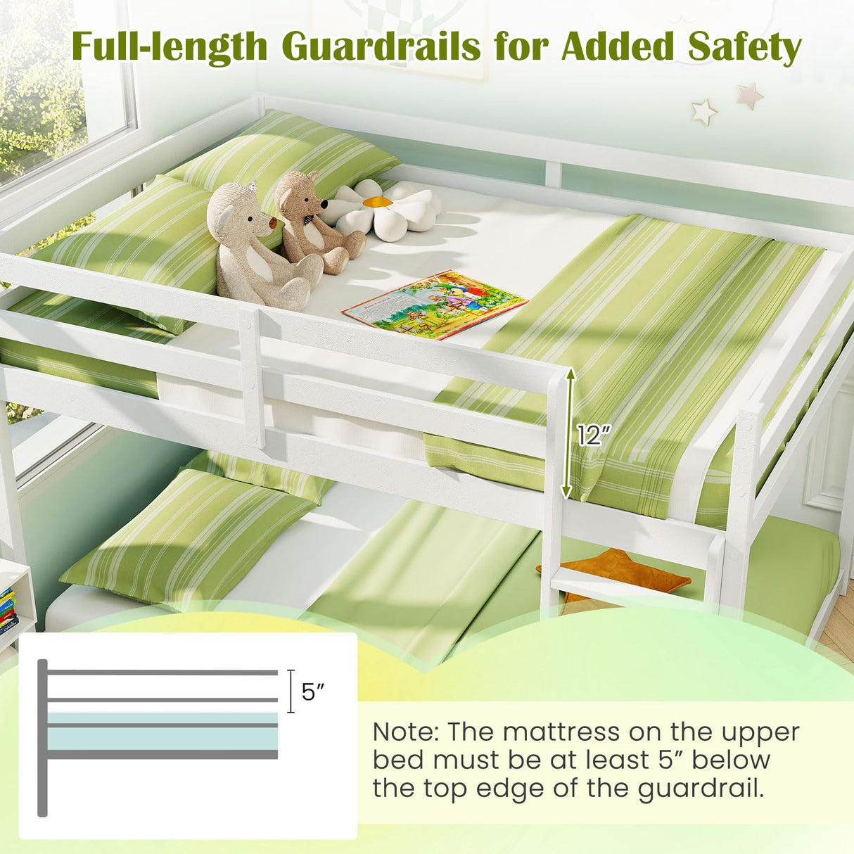 Giantex Full Over Full Bunk Bed, Solid Wood Kids Bunk Bed with Full-Length Guardrails, Integrated Ladder & Anti-Tippling Kits, Low Bunk Beds with Slats Support for Kids, Teens, White Giantex