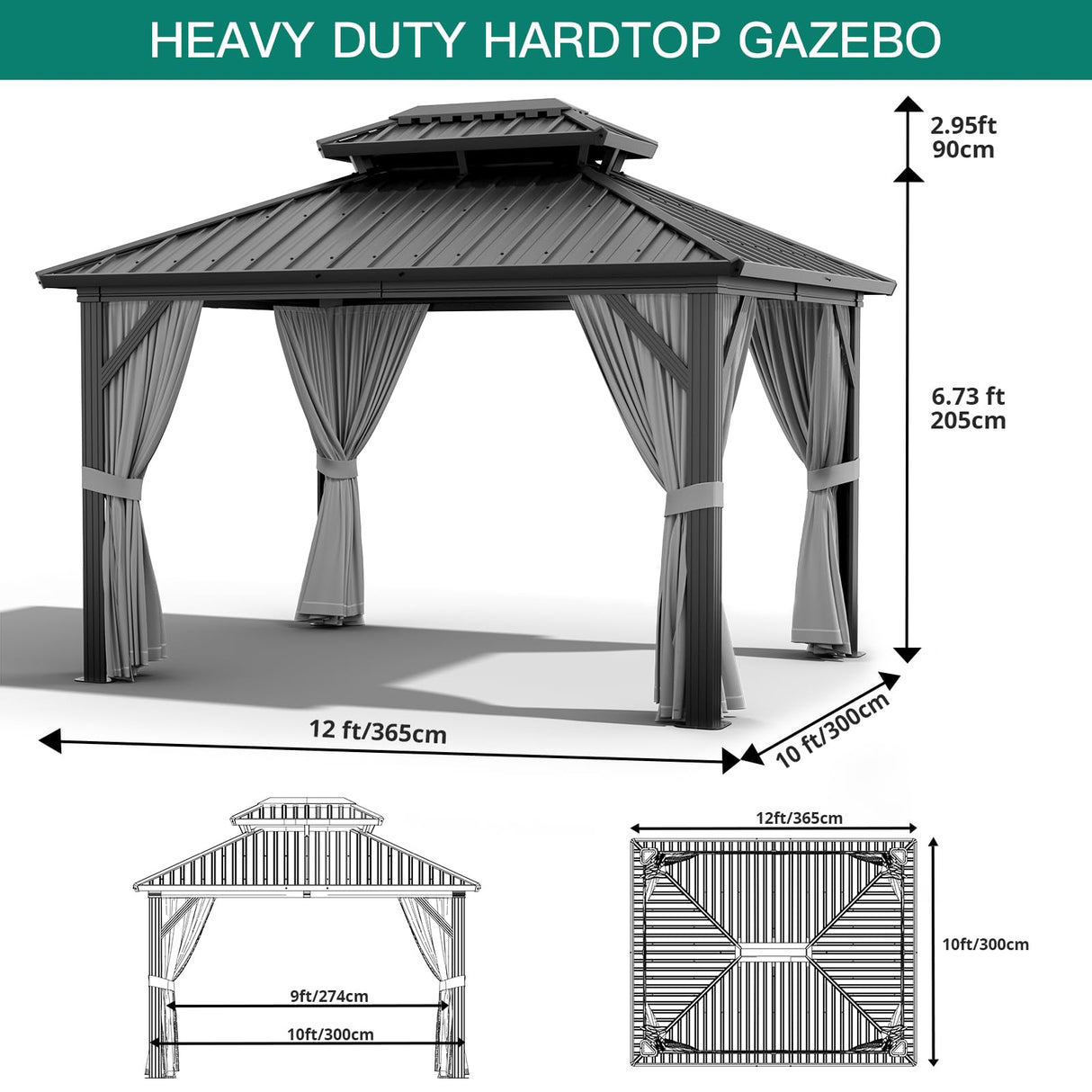 GAOMON 10x12ft Gazebo, Hardtop Double Roof Canopy with Netting and Curtains, Outdoor Gazebo Galvanized Iron Aluminum Frame Garden Tent for Patio, Backyard, Deck, Lawns (Gray) GAOMON
