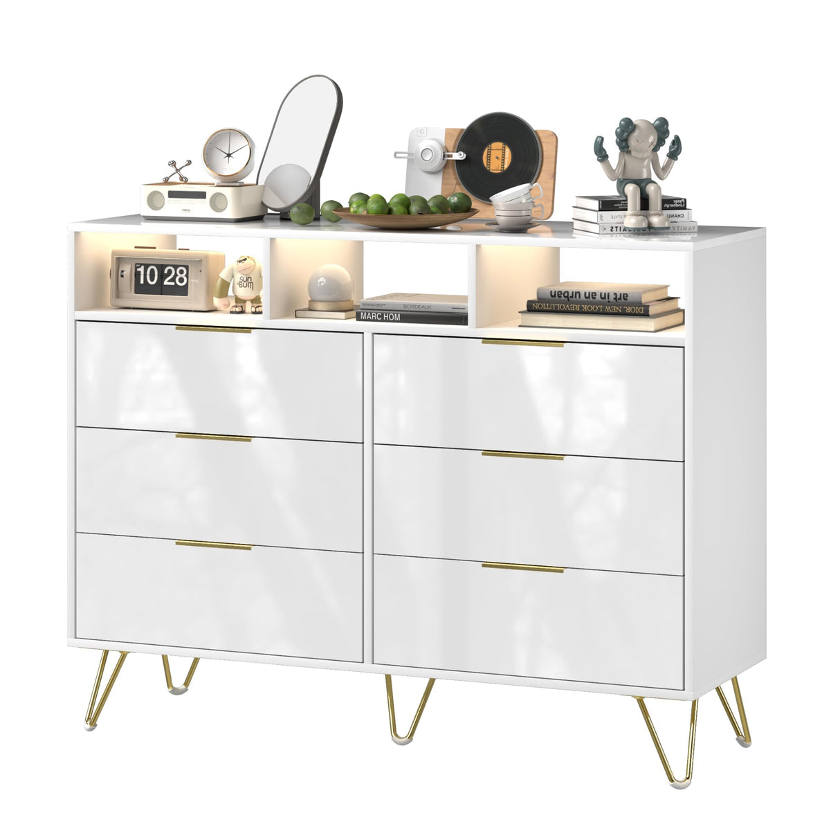 Furnivado Dresser for Bedroom, 6 Drawer Dresser with Led Lights, Modern White Dresser with 3 Open Shelves, Wood Wide Chest of Drawers Storage Organizer, White Dresser with Led Lights Furnivado