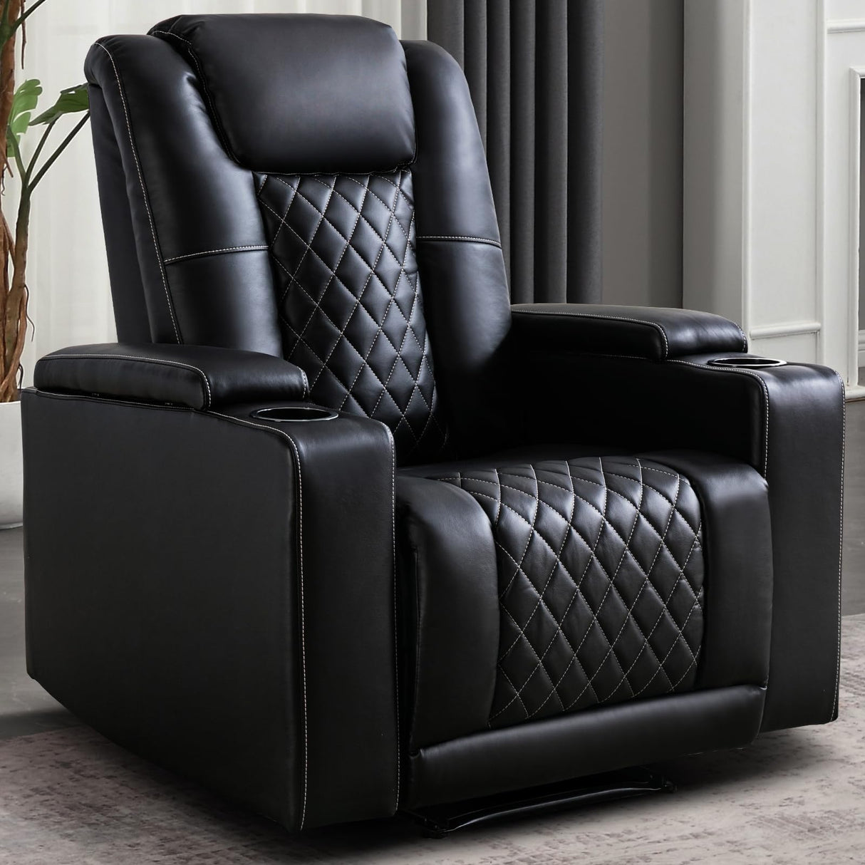 Modern Power Recliner Chair with Cup Holder Faux Leather Electric Reclining Chairs for Adults Movie Theater Chairs, Black Phoenix Home