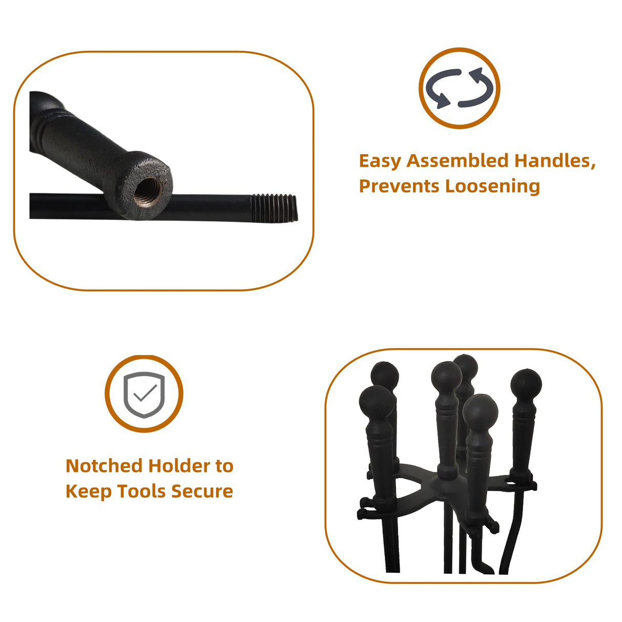 VODA Fireplace Tools Set 5 Pieces 31.5In Cast Iron Indoor Fireside Accessories Large Fire Place Tool Set Outdoor Holder Fire Kit Stand Wood Stove Log Shovel Brush Tong and Fireplace Poker VODA