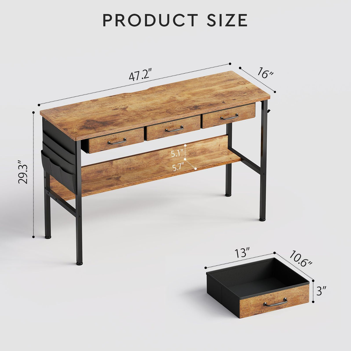 Maihail Small Desk with Drawers for Bedroom, Small Vanity Desk Without Mirror, 47.2inch, Writing Desk with Bookshelf, Computer Desk with Storage Drawers, Vanity Table no Mirror Rustic Brown Maihail