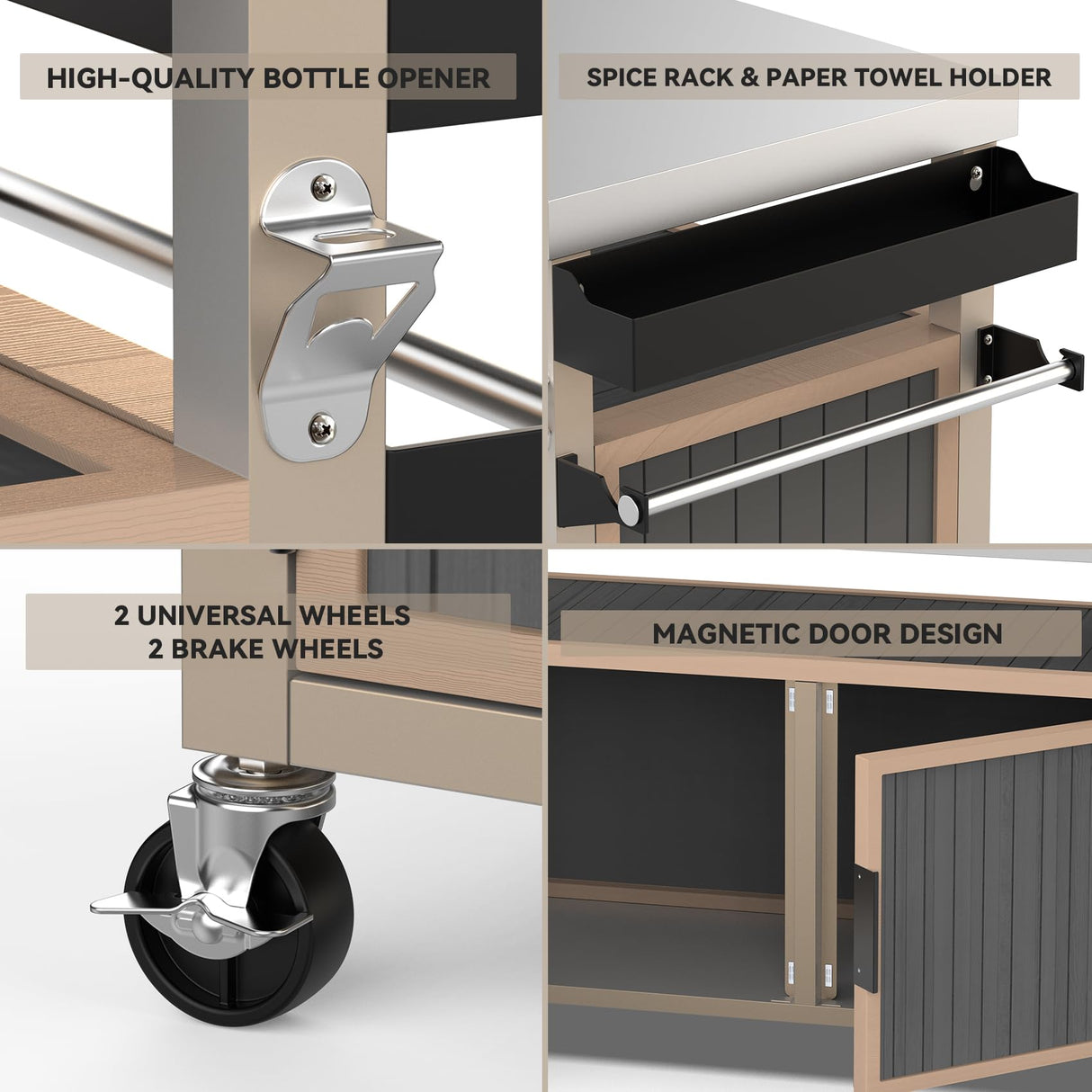 Skyflame Outdoor BBQ Storage Cabinet with Wheels, XL Stainless Steel Tabletop Grill Cart for Food Prep, Portable Kitchen Island Grilling Accessory for Patio, Backyard, Home Party, Bar Skyflame