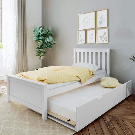Max & Lily Twin Bed, Wood Bed Frame with Headboard For Kids with Trundle, Slatted, White Max & Lily