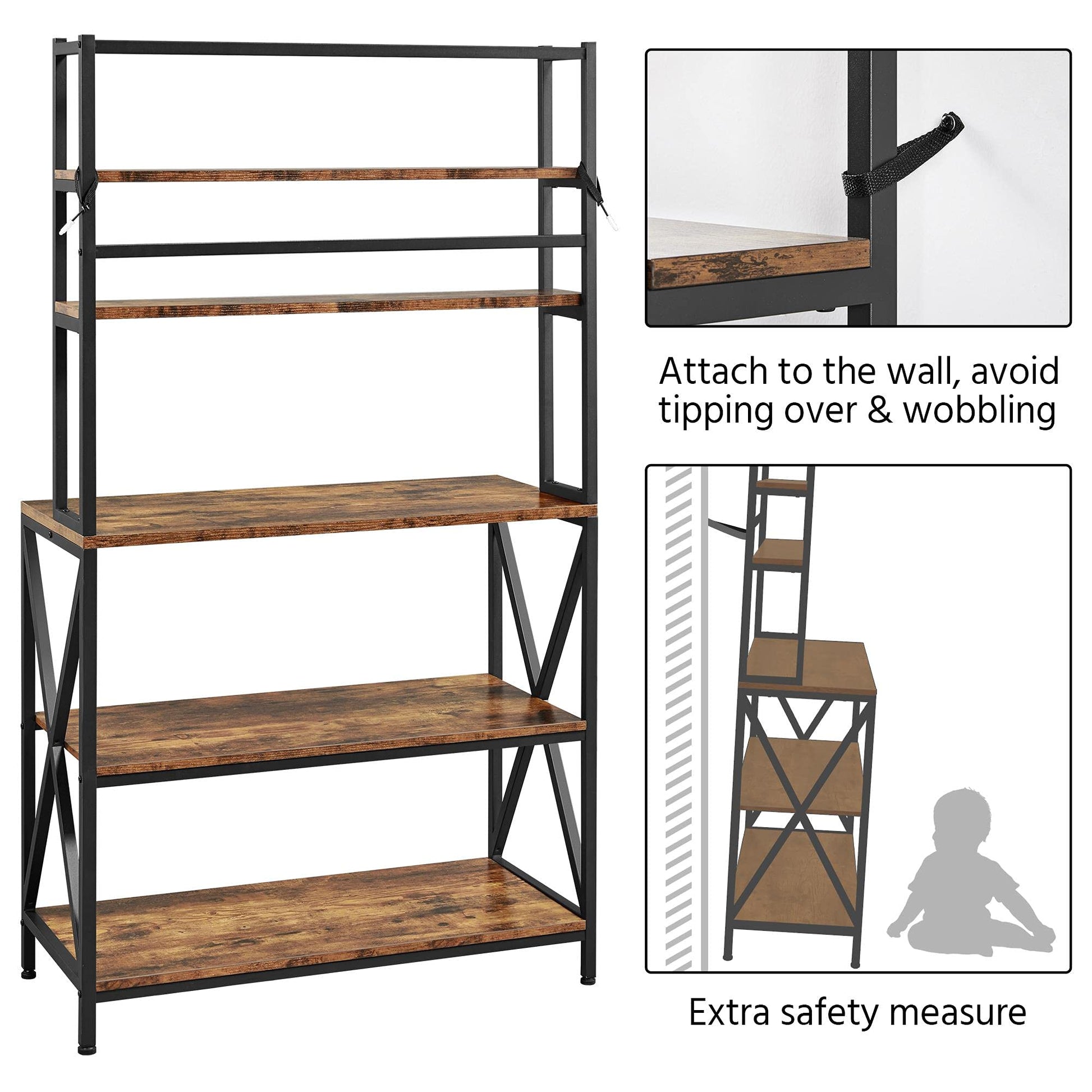 Yaheetech 35.5" Rustic Brown 5-Tier Kitchen Baker's Rack with Storage and Utility Shelf - WoodArtSupply