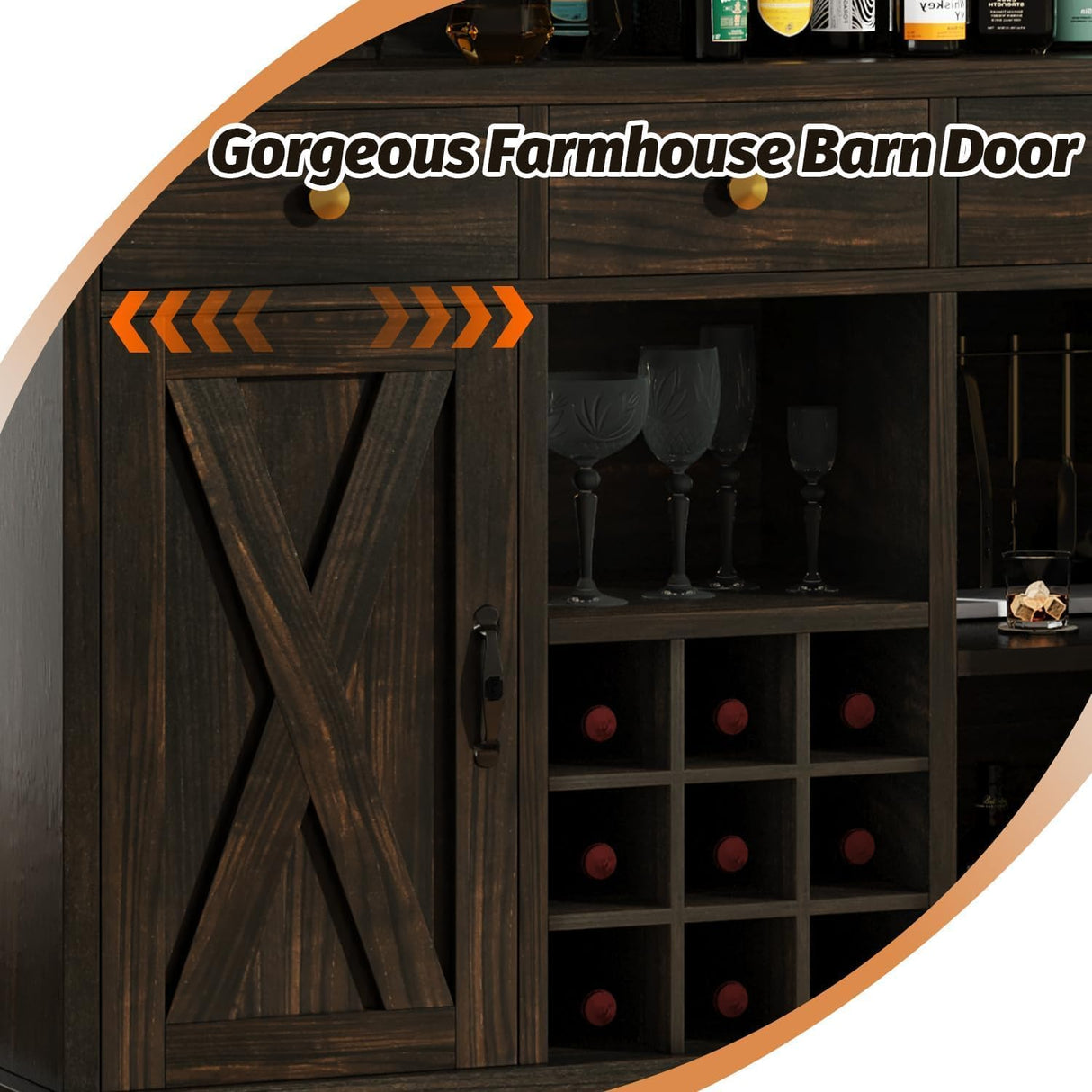 Farmhouse Home Bar Unit with 4-Tier Storage, 52 Inch Home Bar Table with 3 Drawers and 9 Wine Racks, Wine and Liquor Cabinet with Barn Door and Footrest, Indoor Bars for Home (Dark Oak) 4ever2buy