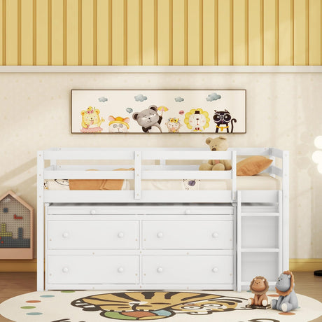 Kids Twin Size Low Loft Bed with Storage, Twin Size Loft Bed with Portable Desk and 4 Drawers, Wood Twin Loft Bed with Shelves, Modern Farmhouse Junior Loft Bed for Kids Boys Girls, White Harper & Bright Designs