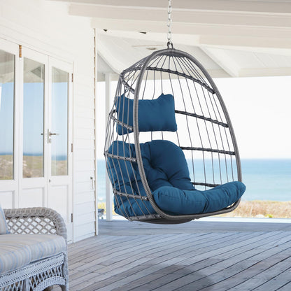 Hanging Egg Chair - Patio Rattan Wicker Swing Egg Chair Hammock Chair for Indoor Outdoor Bedroom Garden - Aluminum Steel Frame UV Resistant Cushion (Aluminum-Without Stand, Teal Blue) - WoodArtSupply