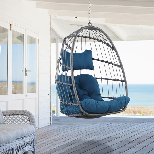 Hanging Egg Chair - Patio Rattan Wicker Swing Egg Chair Hammock Chair for Indoor Outdoor Bedroom Garden - Aluminum Steel Frame UV Resistant Cushion (Aluminum-Without Stand, Teal Blue)