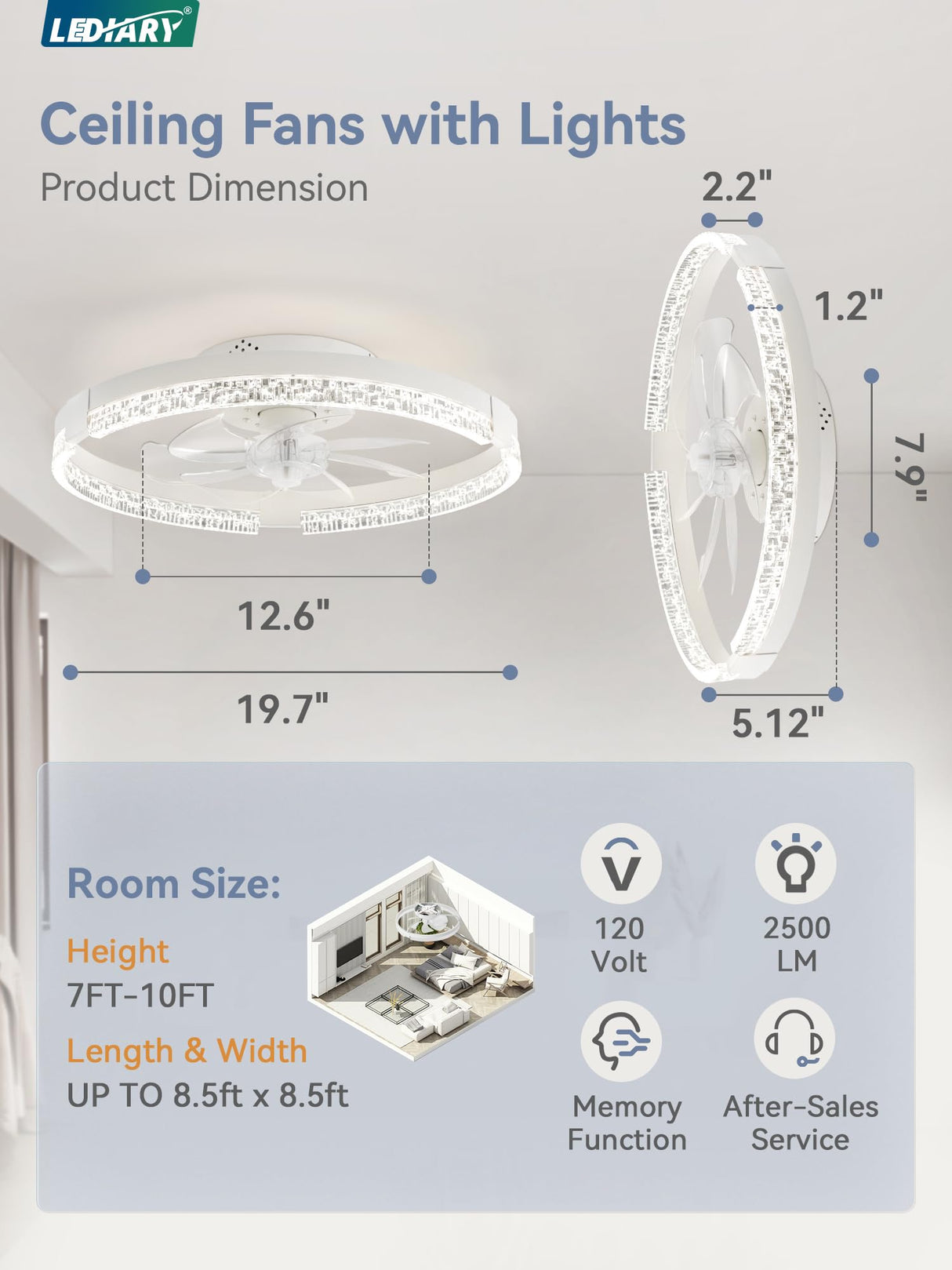 LEDIARY Flush Mount Ceiling Fan with Lights and Remote, 19.7'' Low Profile, 3000-6000K Dimmable Fandelier, 6 Wind Speeds, White Modern LED Fan Light for Bedroom LEDIARY