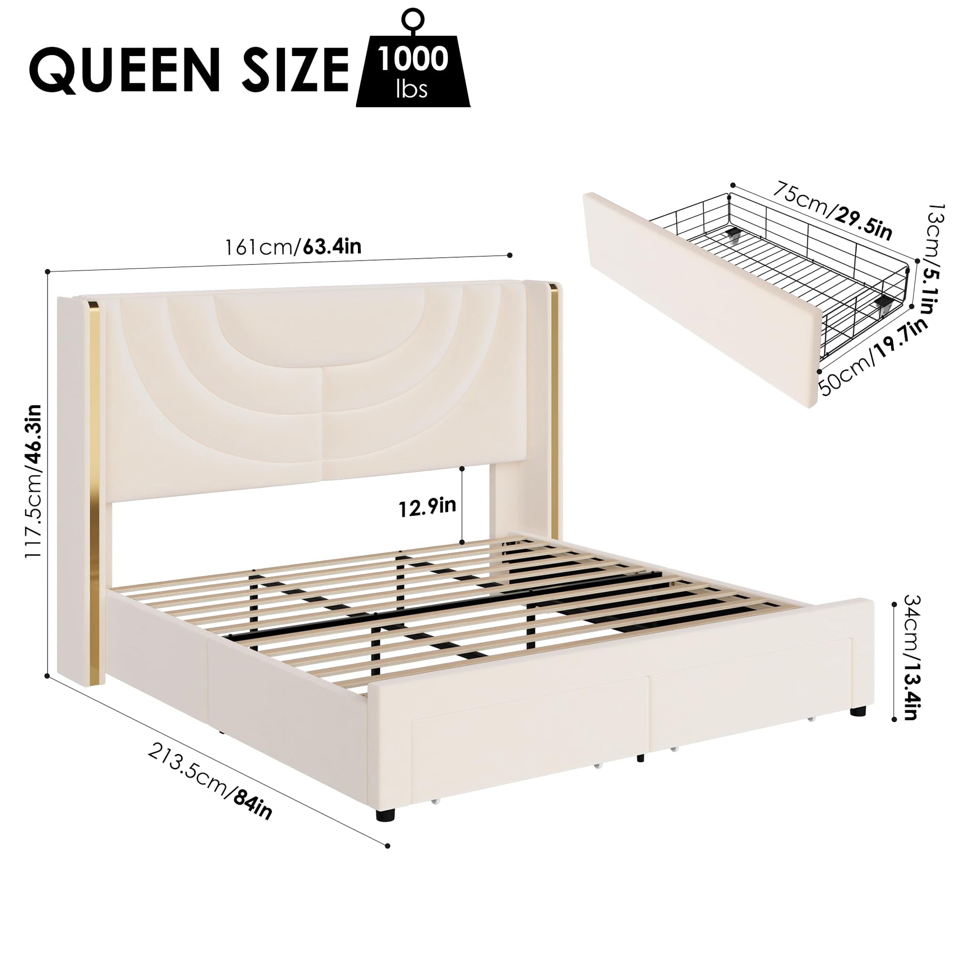 HITHOS Beige Upholstered LED Bed Frame with Wingback Headboard & 2 Storage Drawers - WoodArtSupply