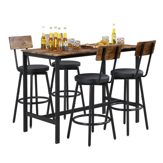 Tatub 5-Piece High Dining Table and Chairs Set for 4 - Brown Industrial Design