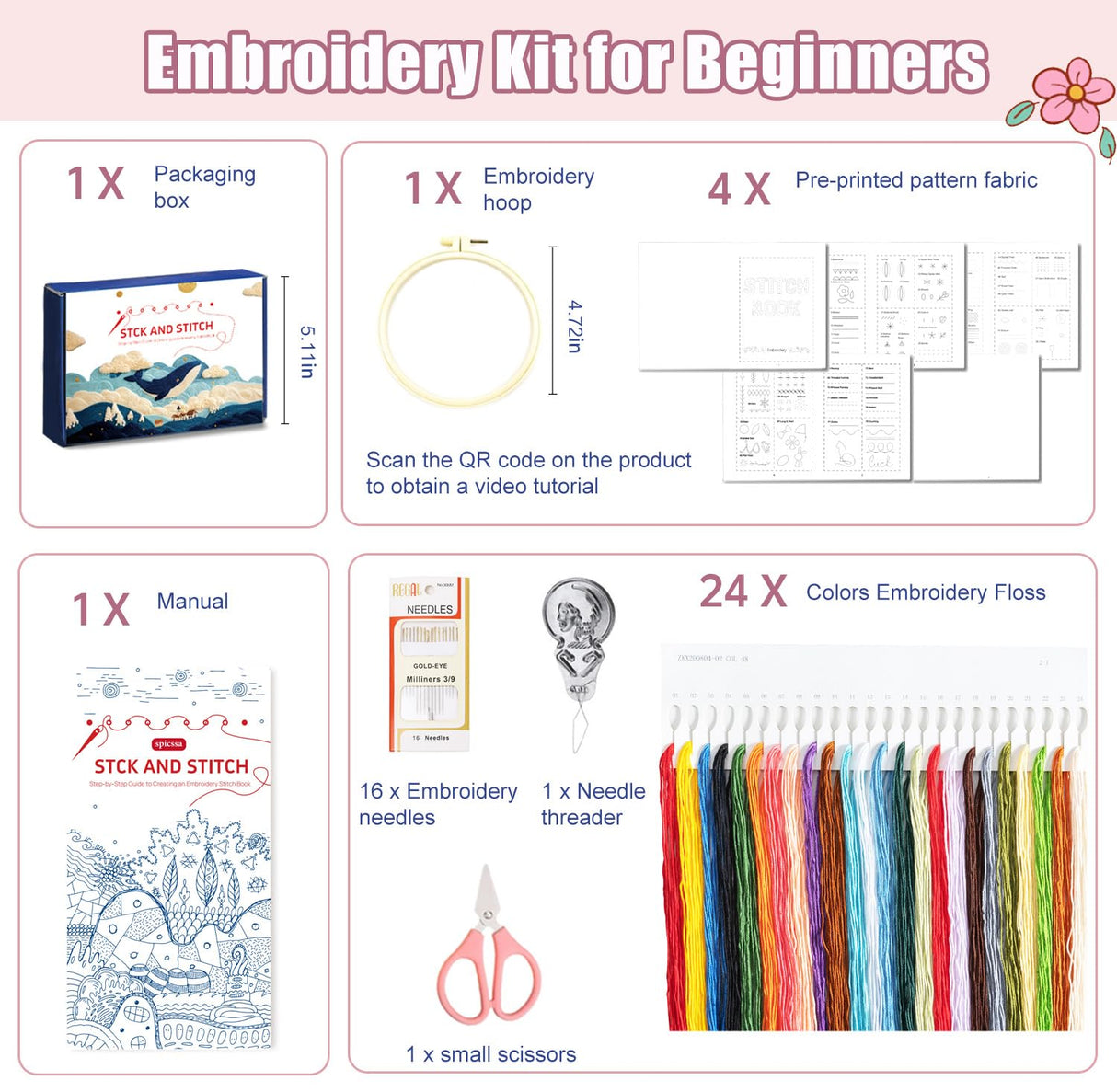 DIY Stitch Book,Embroidery Stitch Book on Linen Fabric,Comprehensive Guide with Various Patterns,Contains Multiple Sewing Tools and Videos,Perfect for Beginners Enthusiasts,Unique Handmade Gift spicssa