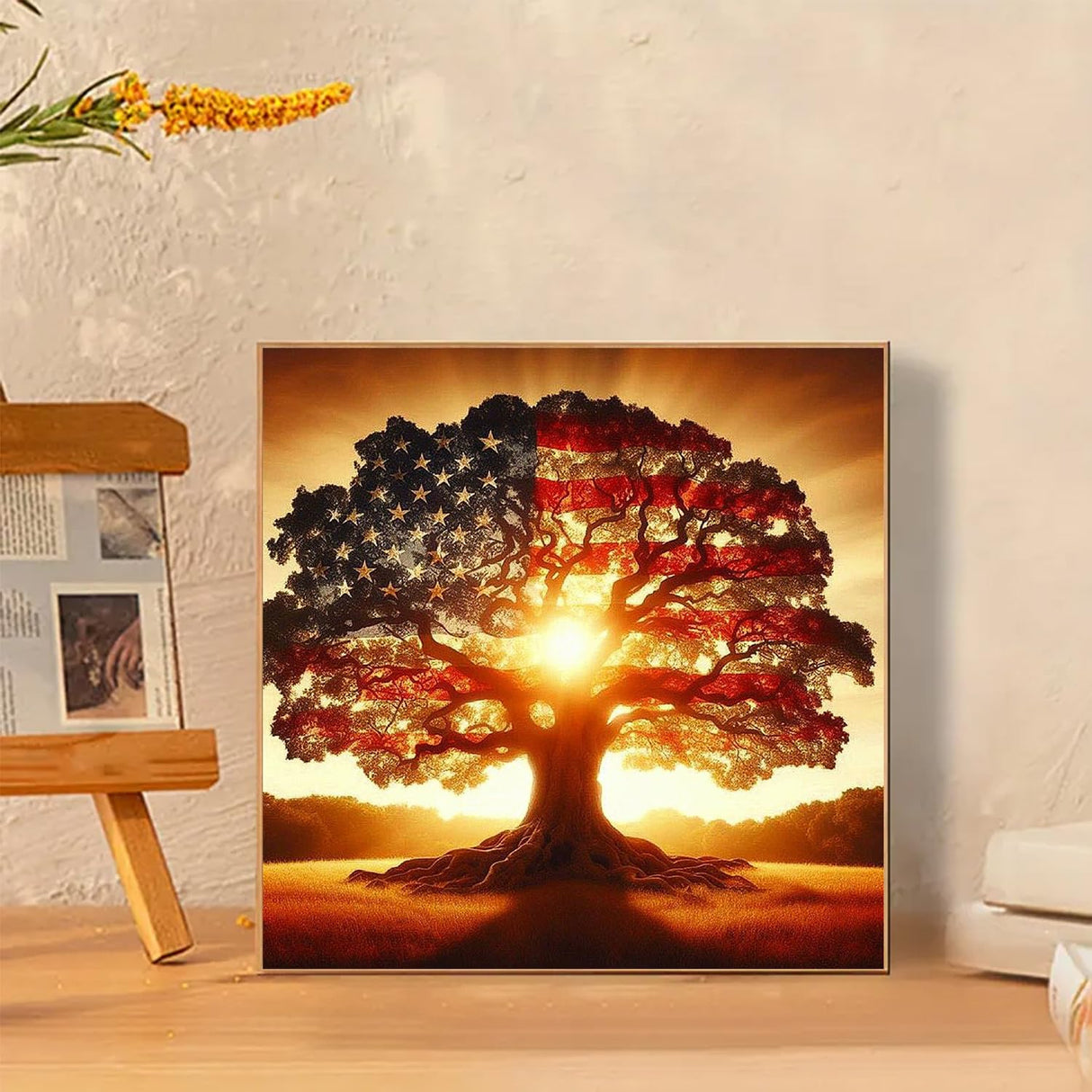 JXDXDJ 5D Diamond Painting Kits for Beginners,Ancient Tree Full Drill Diamond Art Kits for Adults,DIY American Flag Round Diamond Dots for Adults Crafts,Gem Painting Home Wall Decor 13.78x13.78 Inch JXDXDJ