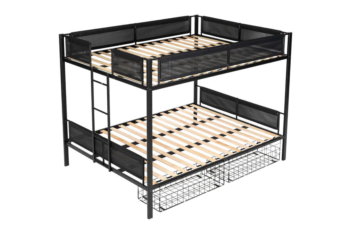 DNYN Queen Over Queen Metal Bunk Bed with Storage Drawers - Modern Space-Saving Design in Black - WoodArtSupply