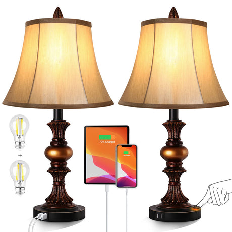 Touch Control Traditional Table Lamp Set of 2, Vintage Bedside Lamps with Dual USB Charging Ports, 3-Way Dimmable Bronze Finish Desk Lamps with Bell Shape Faux Silk Shade for Living Room, Bedroom PARTPHONER
