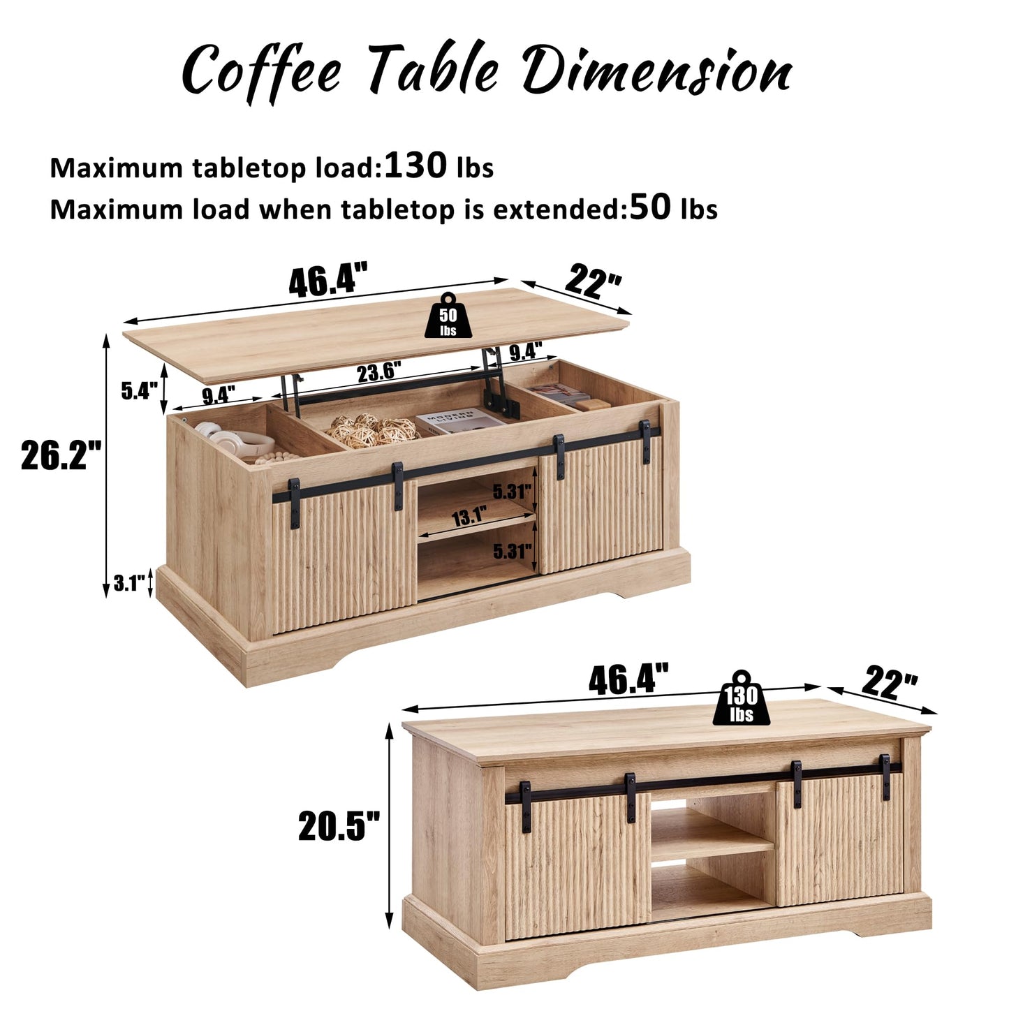 Aitjunz 46" Fluted Lift Top Coffee Table with Sliding Door, Modern Center Table w/Adjustable Storage Shelf & Hidden Compartment, Coffee Table Converts to Dining Table for Living Room, Office  - WoodArtSupply