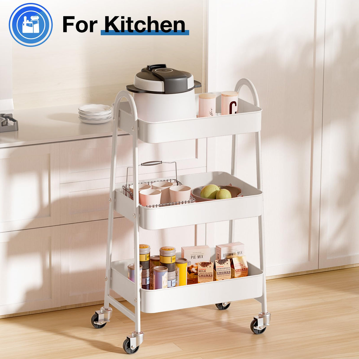 OLIXIS 3 Tier Utility Rolling Cart, Metal Mobile Storage Shelf with Lockable Caster Wheels, Organization for Livingroom, Bathroom, Kitchen, & Narrow Places, White OLIXIS