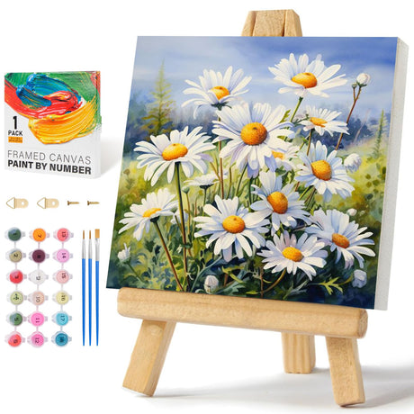 Framed Paint by Numbers Kit for Adults Beginners & Kids Ages 8-12, Daisy Flowers Acrylic Easy Paint by Number with Frame, Watercolor Paint by Number Kits on Canvas Framed (10 * 10 Inch, without Easel) Offito
