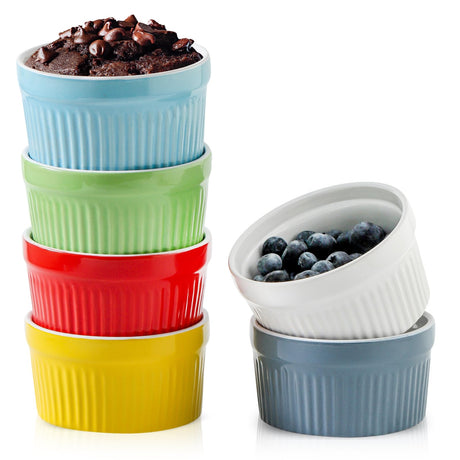 Hasense Ramekins Oven Safe, 8 oz Ramekins for Baking Souffle Ramekins Set of 6, Ceramic Dipping Sauce Cups for Pudding, Ice Cream, Custard, Dessert Bowls Porcelain, Dishwasher Safe, Multi color Hasense