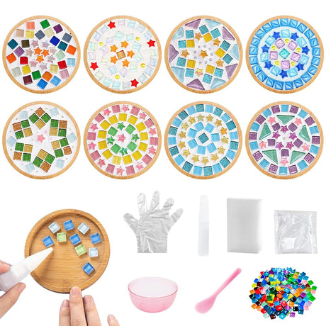 Ukontagood 8 Pack DIY Mosaic Tiles for Crafts, Mixed Color Mosaic Kits with Bamboo Coaster, DIY Coasters Kit for Coaster Handmade Home Gifts Ukontagood