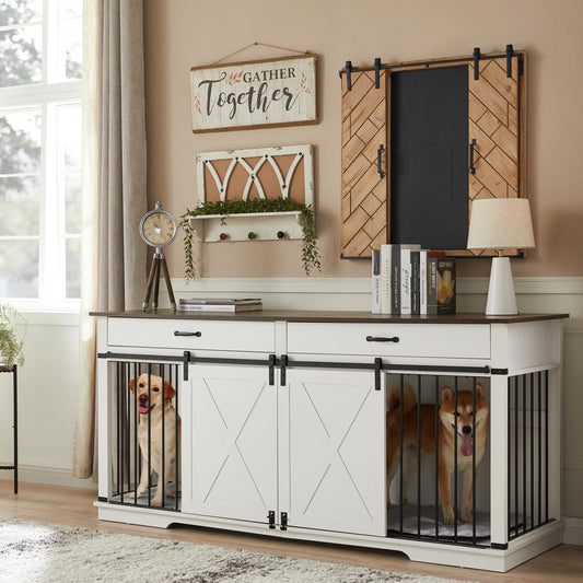 EDYO LIVING 72.5" Large Dog Crate Furniture for 2 Dogs, Wooden Dog Kennel with Drawers, Divider, Sliding Barn Door, Water Resistant Indoor Furniture Style Double Dog Crates, White - WoodArtSupply