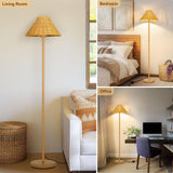 Boho Floor Lamps for Living Room, Rattan Floor Lamp with Woven Wicker Lampshade, 62 inches Mid Century Modern Standing Light, Farmhouse Rustic Coastal Lamp for Bedroom Office Corner, Easy Foot Switch Boncoo