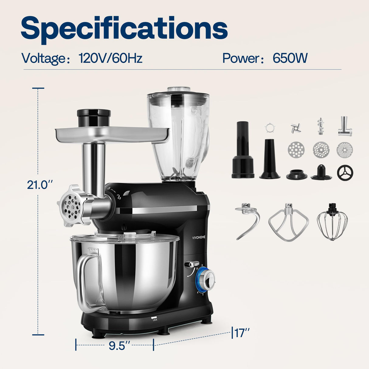 VIVOHOME 3 in 1 Multifunctional Stand Mixer with 6 Quart Stainless Steel Bowl, 650W 6 Speed Tilt-Head Meat Grinder, Juice Blender, Black VIVOHOME