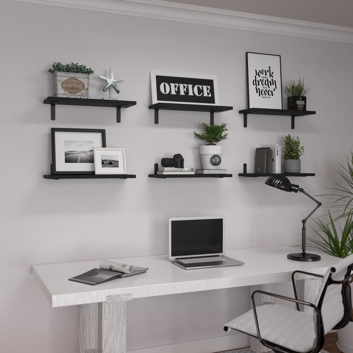 WOPITUES Wood Floating Shelves Set of 6, Shelves for Wall Decor, Farmhouse Shelf for Bedroom, Bathroom Storage Shelves, Book Shelves for Living Room-Black WOPITUES