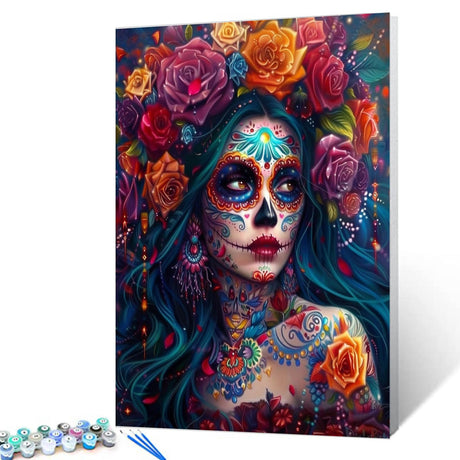 Skeleton Makeup Paint by Numbers Kits for Adult Day of The Dead Halloween Woman Painting Kits Sugar Skull Paint by Numbers Kits on Canvas Perfect for Gift Home Wall Decor Without Framed 16''W x 20''H Aihonmin
