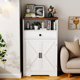 Viroformo White Floor Cabinet, Farmhouse Storage Cabinet with Barn Doors and Drawer, Freestanding Adjustable Shelf Cabinets for Bathroom, Kitchen, Living Room Viroformo