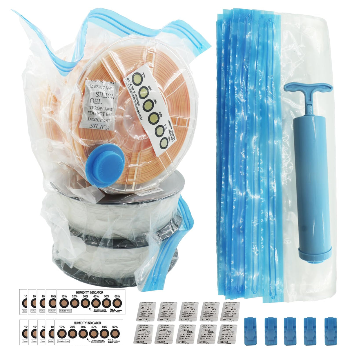 ACROSSXD Filament Storage Bag kit 36 pcs,10 Bags/Clips/Humidity Indicator Cards/Hand Pump 15.75x15.75in Filament Bags for Keeping Filament Dry for 0.5kg 1kg 2kg Spools ACROSSXD