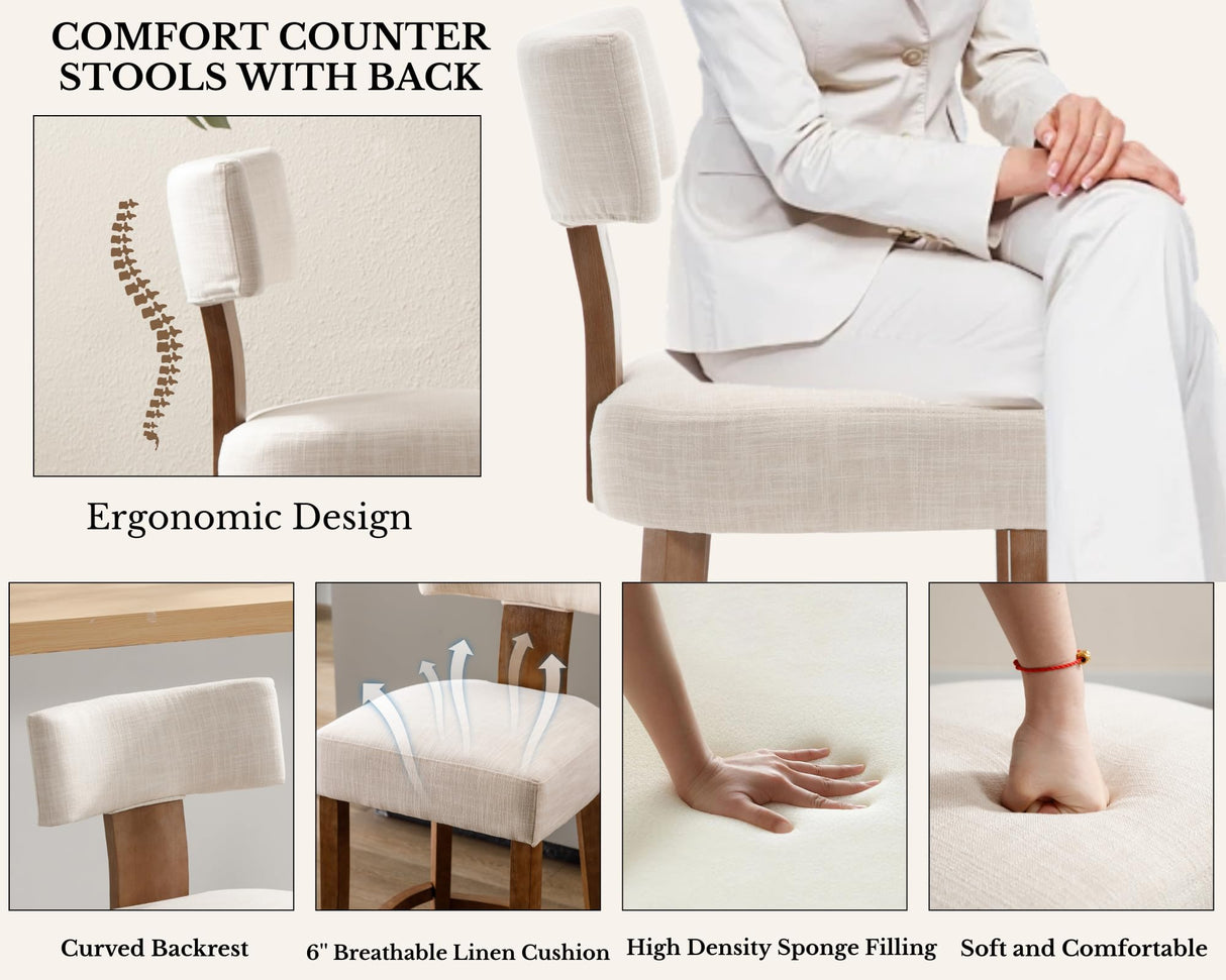 Farmhouse 30'' Extra Tall Bar Stools Set of 2 Modern Counter Height Barstools with Backs Rustic Wood Bar Stools Linen Upholstered Counter Chairs Kitchen Island Stool Chairs with Wood Frame, Beige LIVINOVA