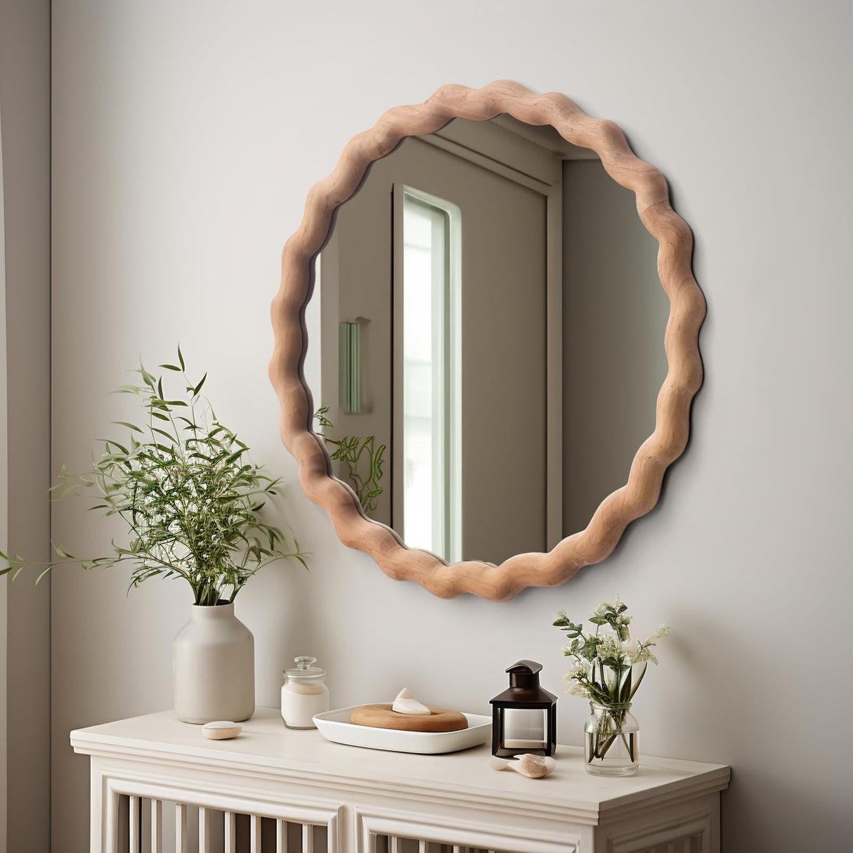 Irregular Wall Mirror,Wood Round Farmhouse Mirror Unique Vanity Mirror,24" Nature Wooden Modern Bathroom Mirror for Washroom Living Room Bedroom GLCS GLAUCUS
