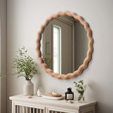 Irregular Wall Mirror,Wood Round Farmhouse Mirror Unique Vanity Mirror,24" Nature Wooden Modern Bathroom Mirror for Washroom Living Room Bedroom GLCS GLAUCUS