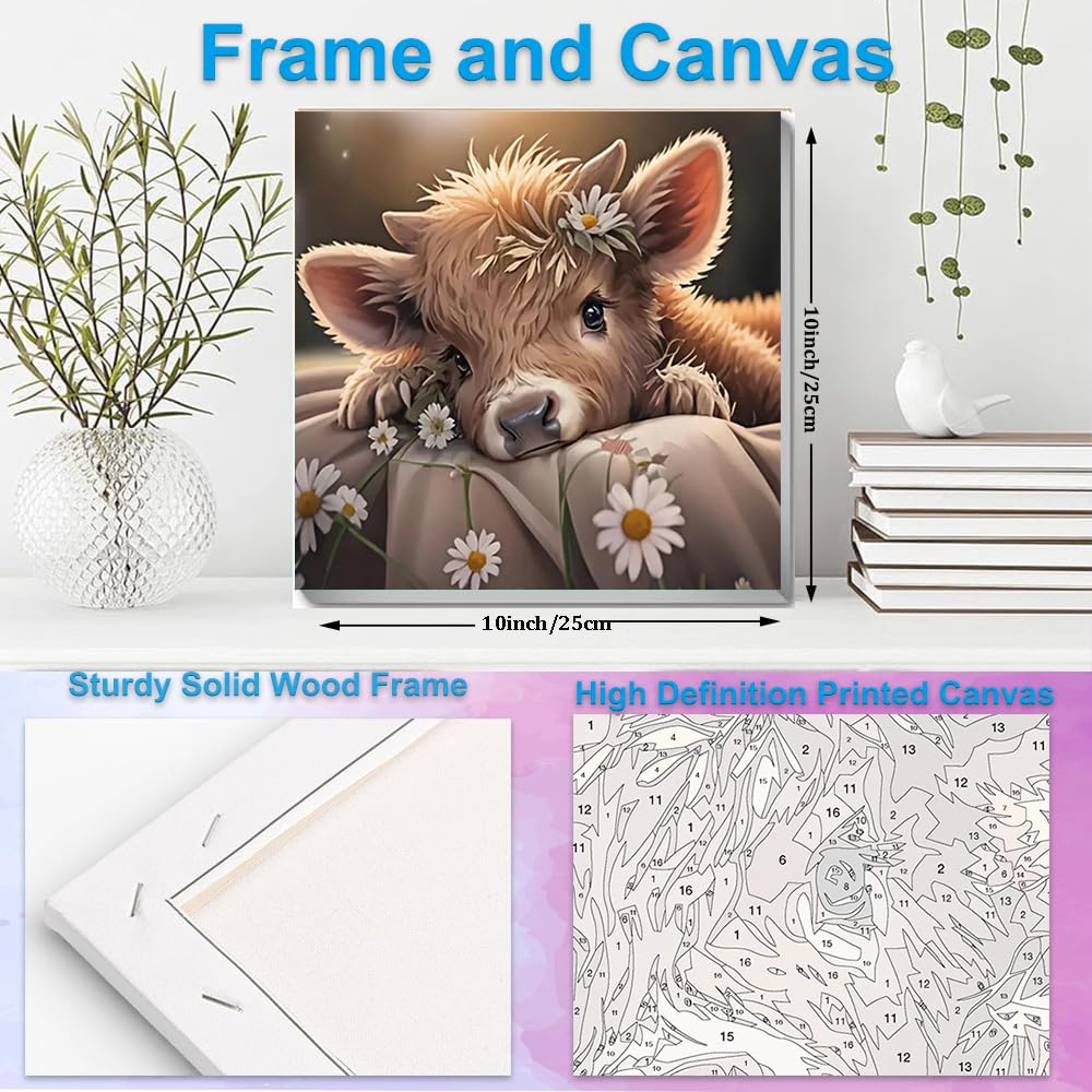 Artunion Framed Paint by Numbers Kit for Adults Beginners & Kids Ages 8-12,Highland Cow Paint by Number with Frame,Funny Animals Paint by Numbers Kit on Canvas 10 * 10 Inch Without Easel Artunion
