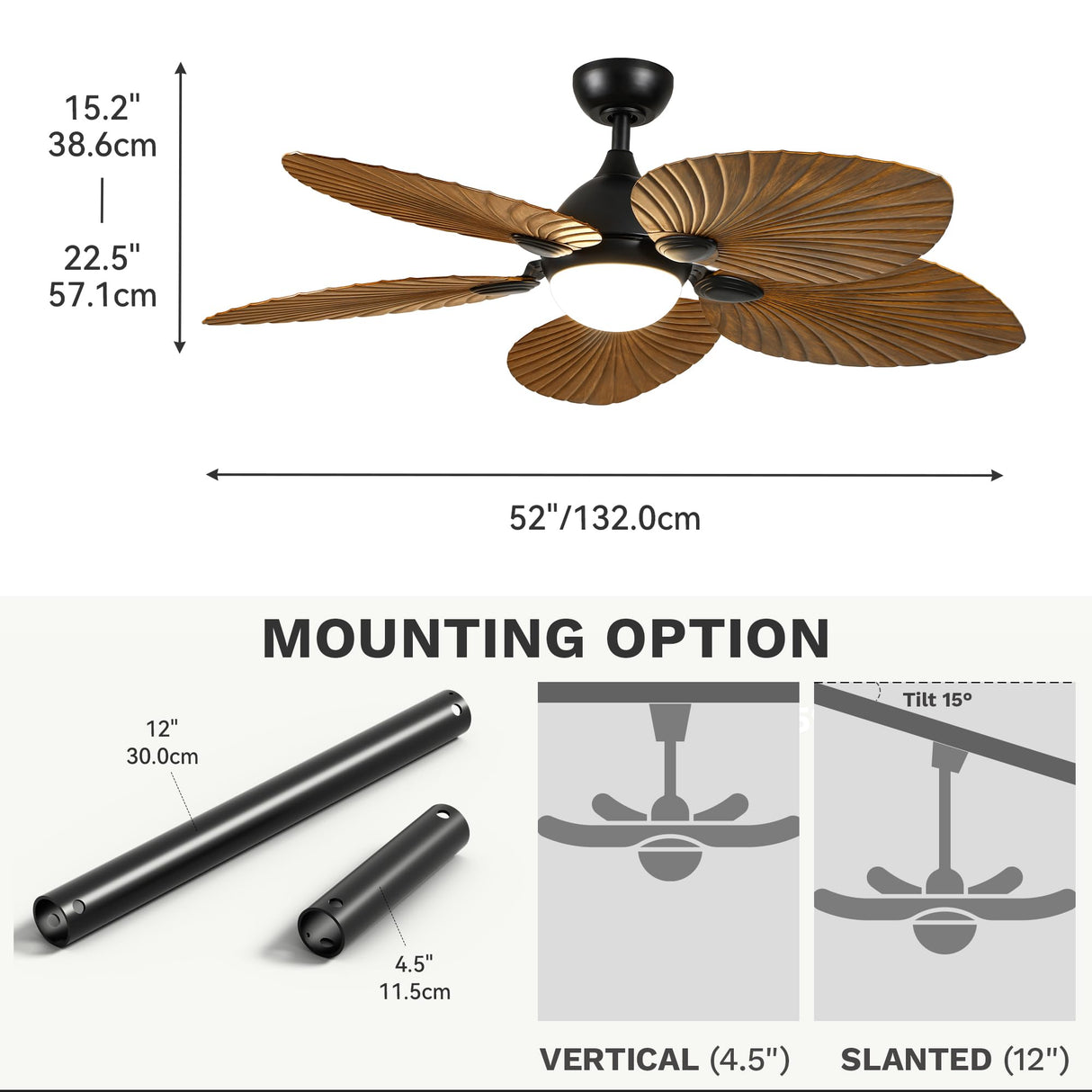 DWVO 52" Tropical Ceiling Fan with Light & Remote, LED Tri-Color Temperature, 5 Blade Ceiling Fans Reversible 6 Speeds w/Quiet DC Motor for Bedroom, Living Room, Dining Room, Patio DWVO