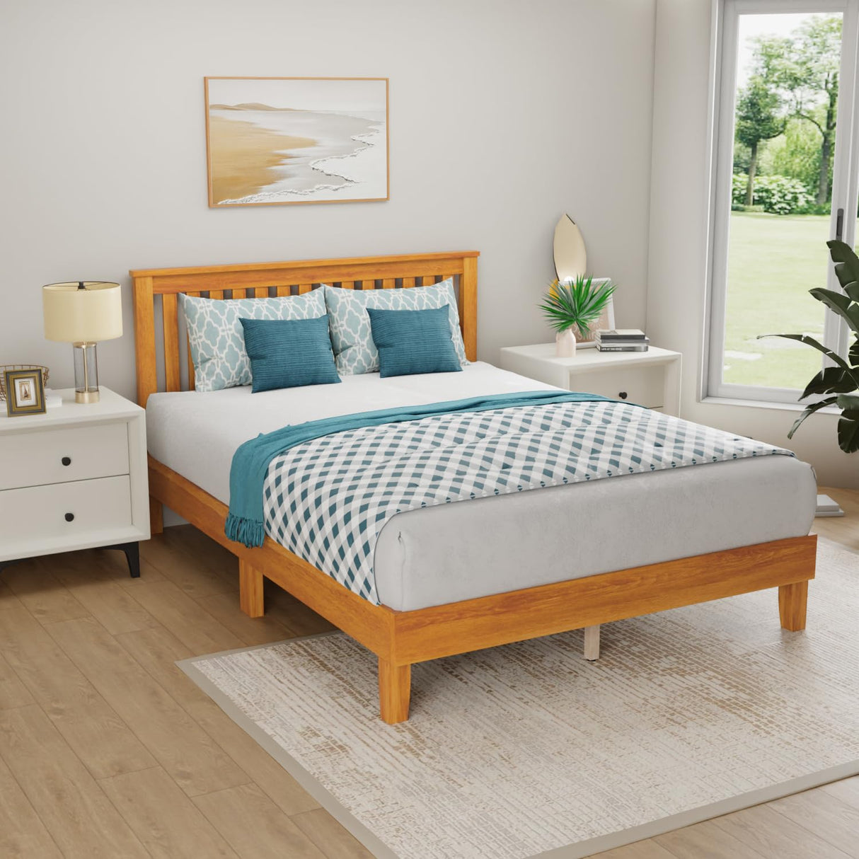 PayLessHere Solid Wood Platform Bed Frame with Headboard - Easy Assembly, No Box Spring Needed, Brown, Full Size PayLessHere