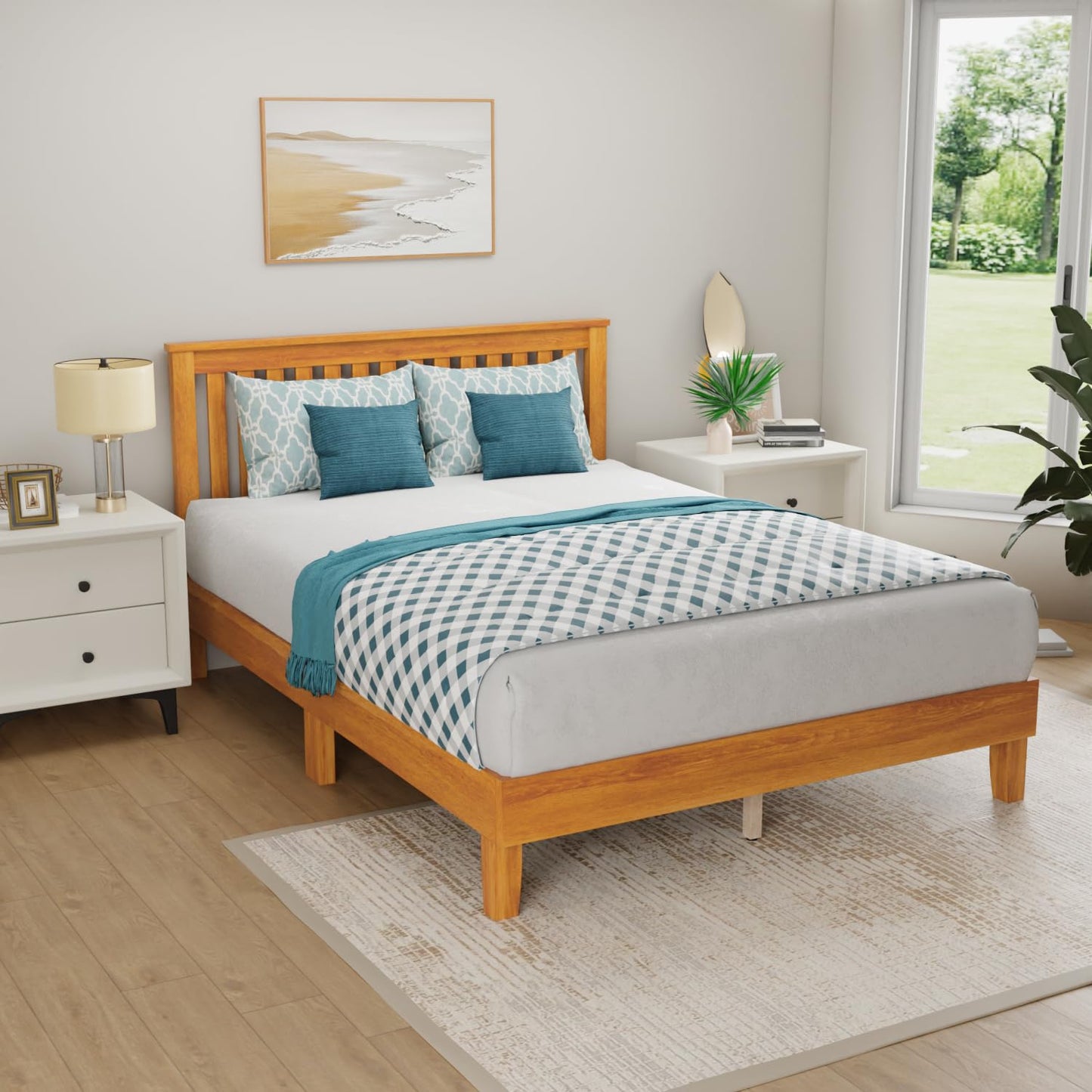 PayLessHere Solid Wood Platform Bed Frame with Headboard - Easy Assembly, No Box Spring Needed, Brown, Full Size - WoodArtSupply