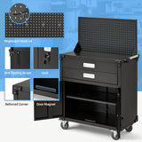 JFHID Work Bench for Garage with Pegboard Drawers and Cabinets Heavy Duty Metal Frame Tool Bench for Shop Kitchen Cabinets Organizer Work Table with Wheels (White Handle) JFHID