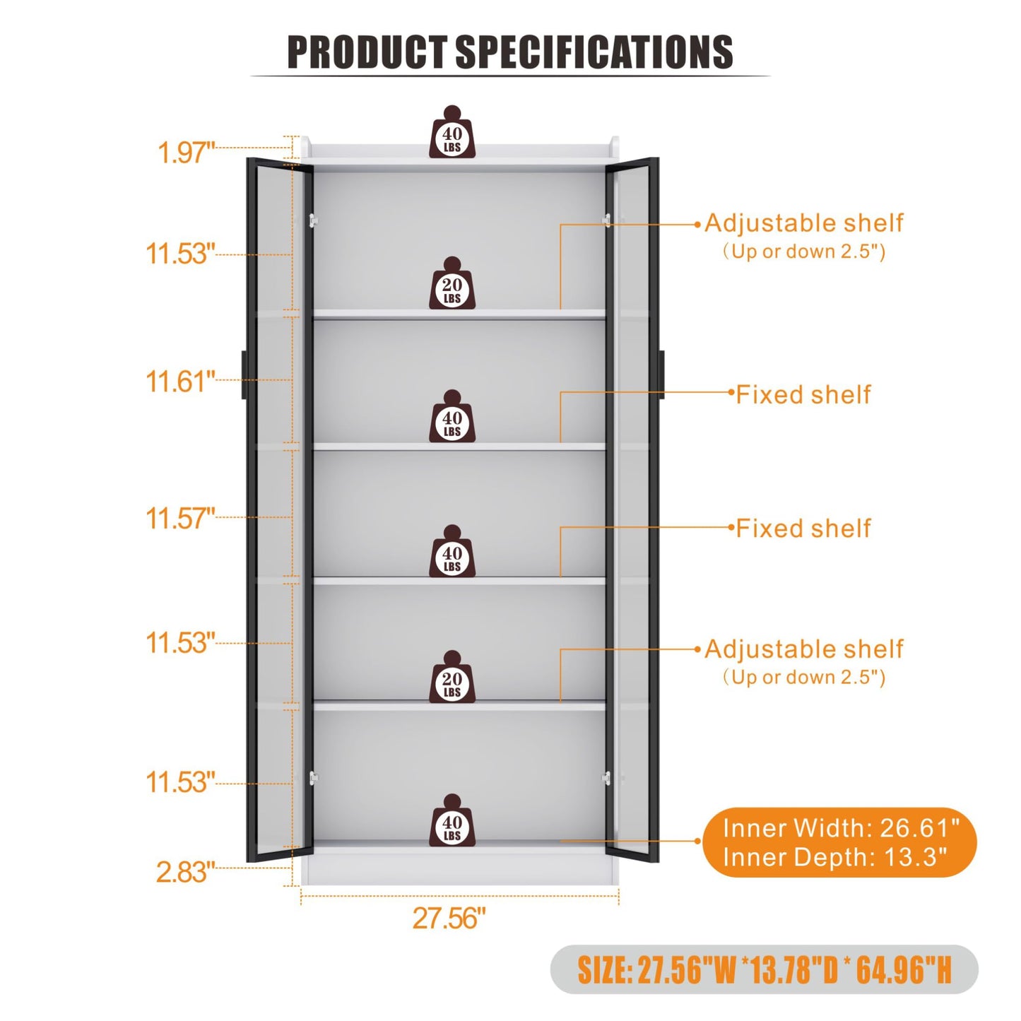 Storage Cabinet with Doors Adjustable Shelves - 65" White Tall Kitchen Pantry Organizer with Metal Handle/LED Lights/Human Sensor - 5 Tier Display Bookcase for Bedroom Living Room Office - WoodArtSupply